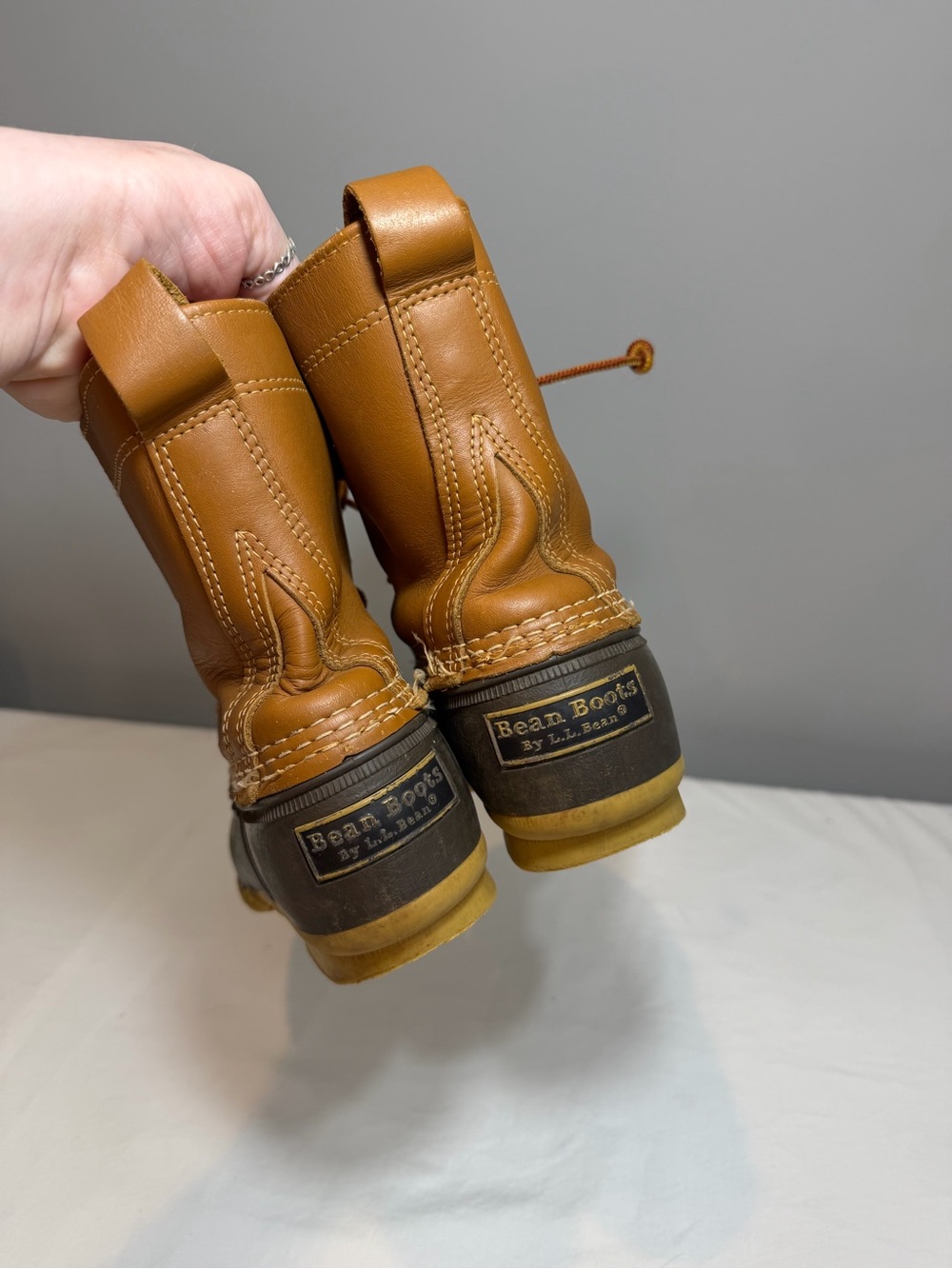 LL Bean, brown leather and blue lace up duck boots size 7 - Picture 4 of 6